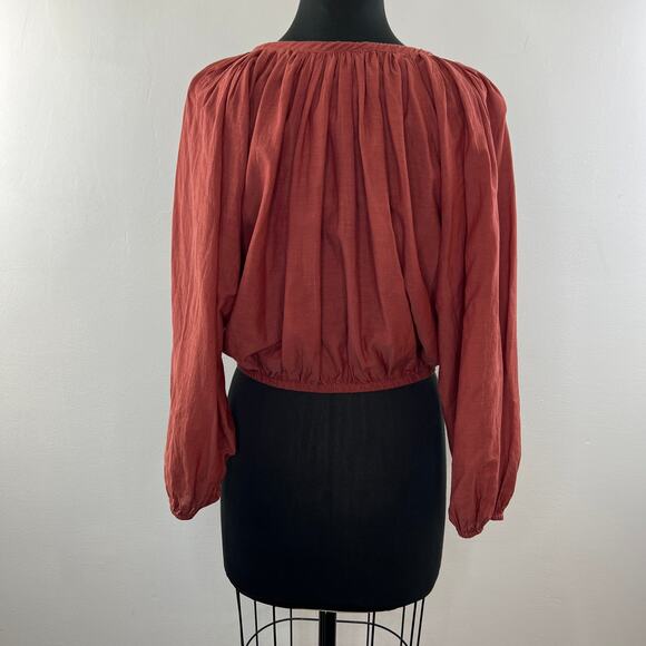 J. CREW Chimney Brown Cotton Blend Puff Sleeve Tassel Tie-Front Crop Top Size S - Picture 5 of 9